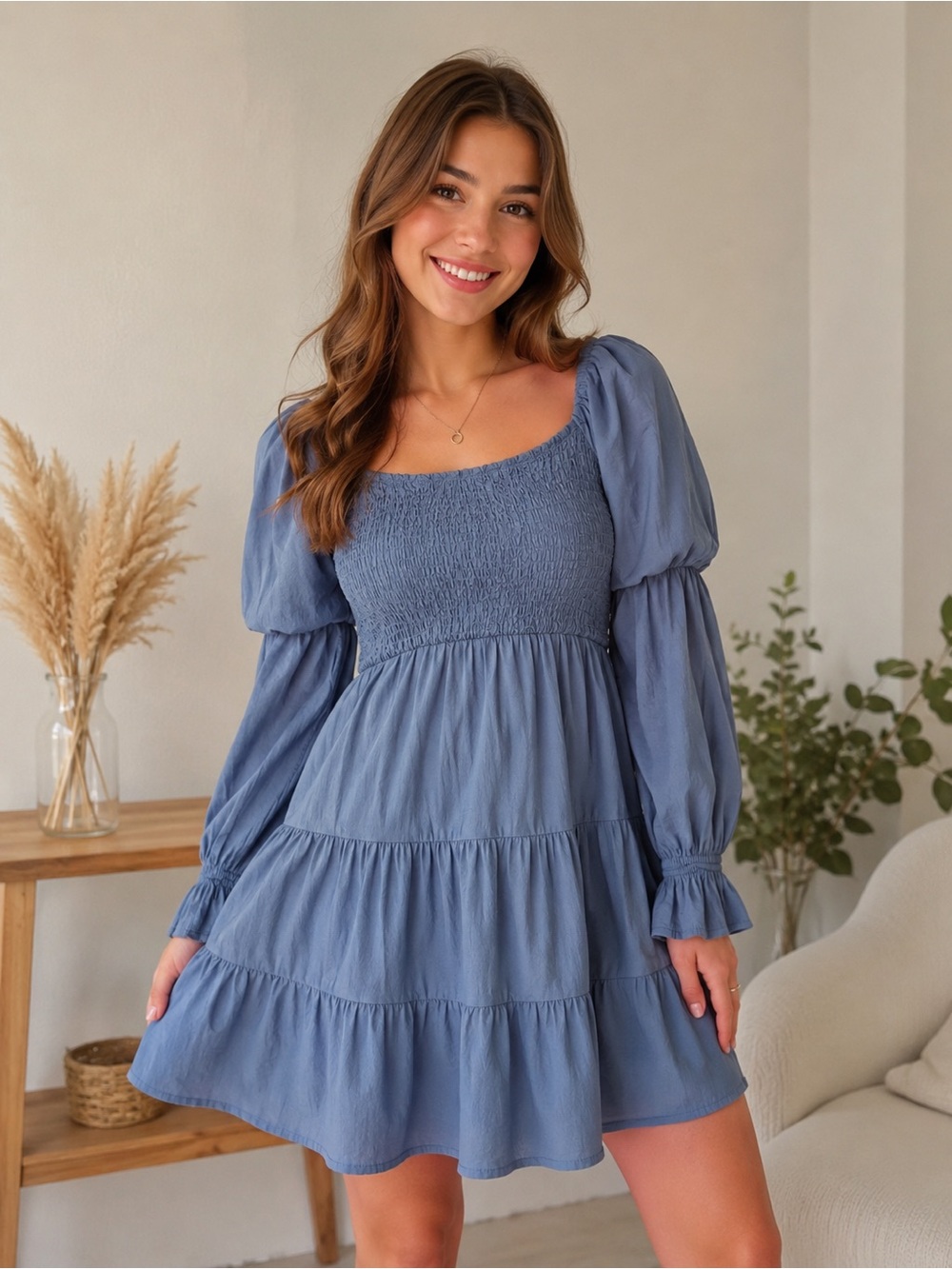 Smocked Tiered Mini Dress in Slate Blue - Women 55% Viscous